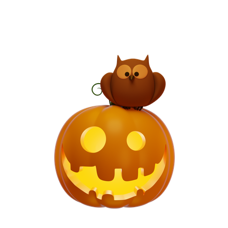 Pumpkin Lantern And Owl  3D Illustration