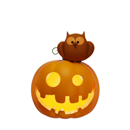 Pumpkin Lantern And Owl 3D Illustration