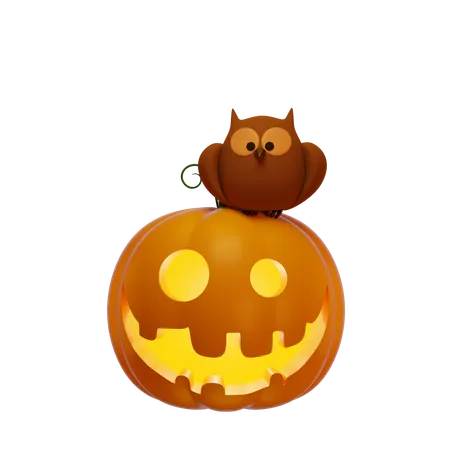 3 D Jacks Pumpkin Lantern And Owl Halloween Concept 3D Illustration