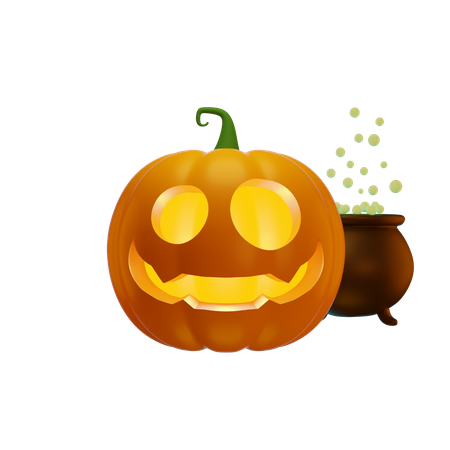 Pumpkin Lantern And Witchs Cauldron With Green Potion  3D Illustration