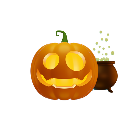 Pumpkin Lantern And Witchs Cauldron With Green Potion 3D Illustration