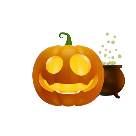 3 D Jacks Pumpkin Lantern And Witchs Cauldron With Green Potion Halloween Concept 3D Illustration