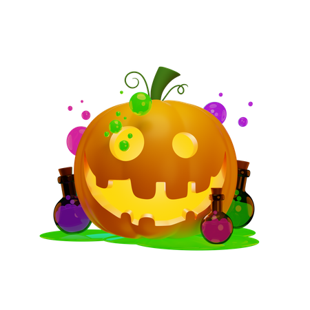 Pumpkin Lantern And Witchs Potions 3D Illustration