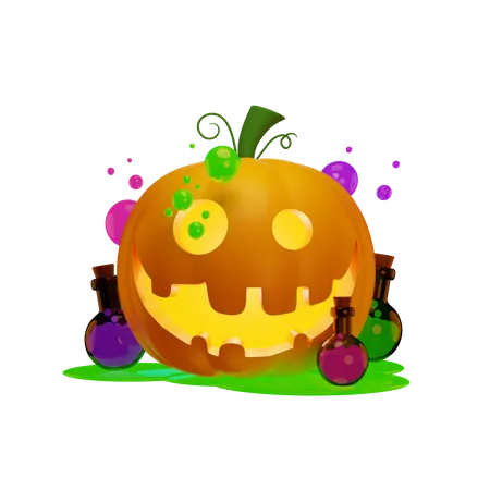 Pumpkin Lantern And Witchs Potions  3D Illustration