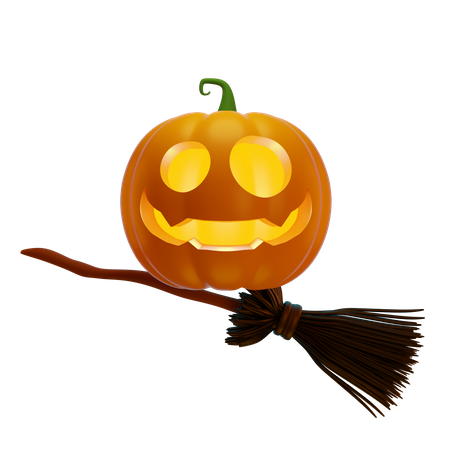 Pumpkin Lantern On Witchs Broomstick  3D Illustration