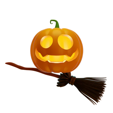 Pumpkin Lantern On Witchs Broomstick  3D Illustration