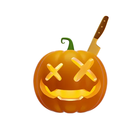 Pumpkin Lantern With A Knife In Head  3D Illustration