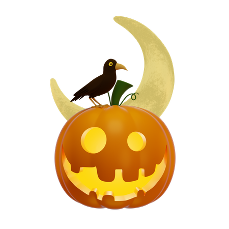 Pumpkin Lantern With A Sitting Black Raven And The Moon 3D Illustration