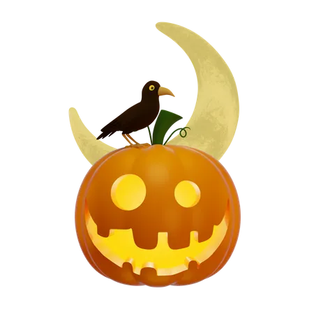 Pumpkin Lantern With A Sitting Black Raven And The Moon  3D Illustration