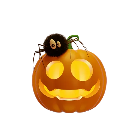 Pumpkin Lantern With Spider  3D Illustration