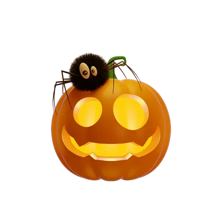 Pumpkin Lantern With Spider 3D Illustration