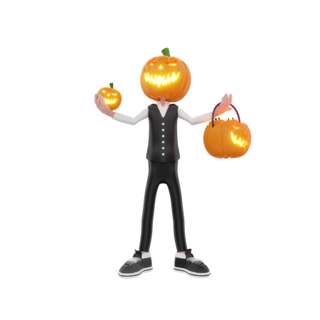Pumpkin man holding pumpkins in hand 3D Illustration