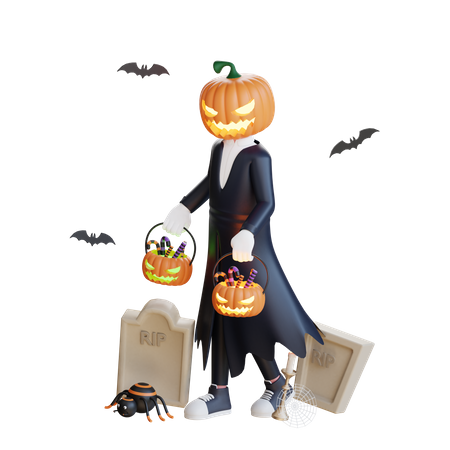 Pumpkin man holding pumpkins in hand 3D Illustration