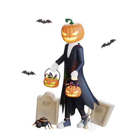 Pumpkin man holding pumpkins in hand  3D Illustration