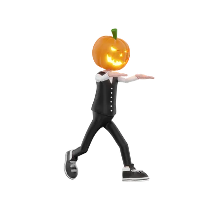 Pumpkin man running 3D Illustration