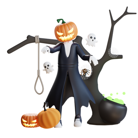 Pumpkin man scaring people  3D Illustration