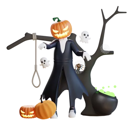 Pumpkin man scaring people  3D Illustration