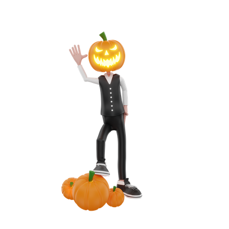 Pumpkin man waiving hand 3D Illustration