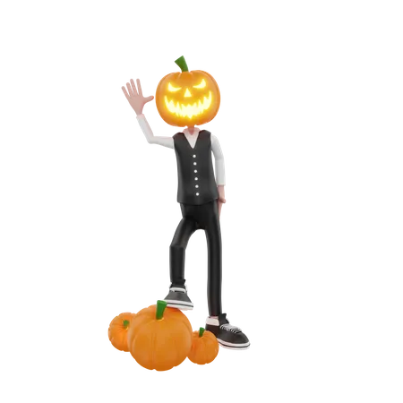 Pumpkin man waiving hand  3D Illustration