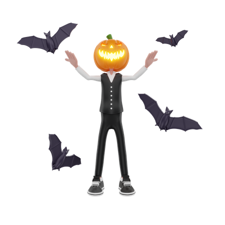 Pumpkin man with bats  3D Illustration