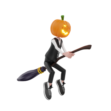 Pumpkin man with broom  3D Illustration