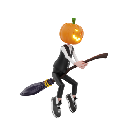 Pumpkin man with broom  3D Illustration