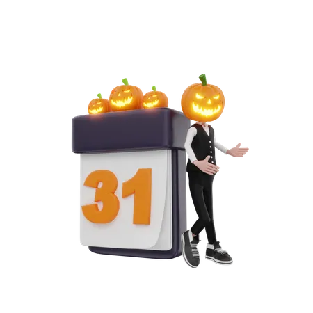 Pumpkin man with calendar  3D Illustration