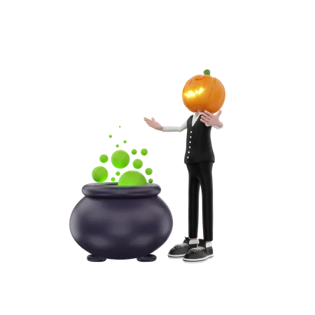 Pumpkin man with cauldron  3D Illustration