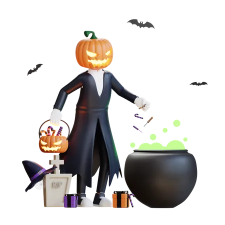 Pumpkin man with cauldron  3D Illustration