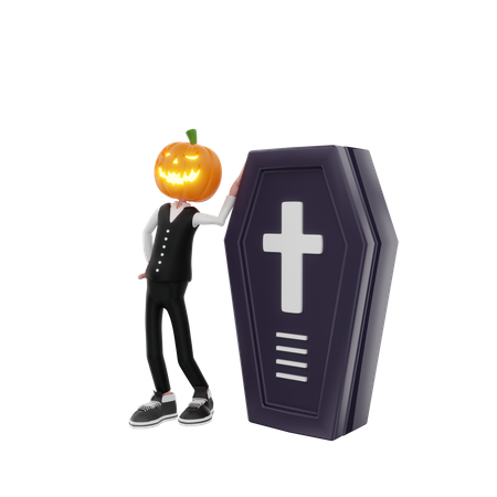 Pumpkin man with coffin  3D Illustration
