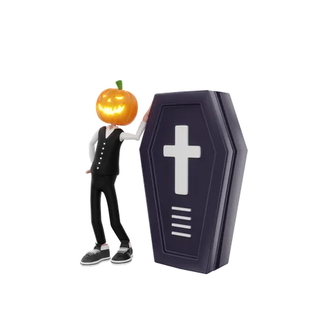 Pumpkin man with coffin  3D Illustration