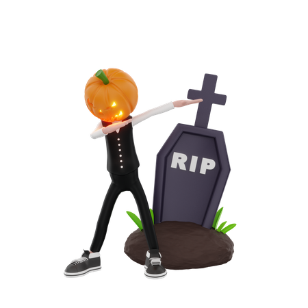 Pumpkin man with gravestone doing dab  3D Illustration