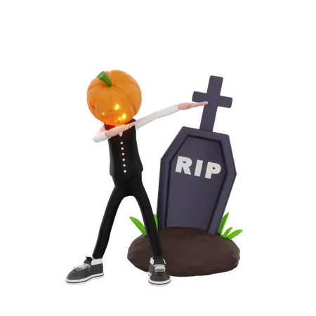 Pumpkin man with gravestone doing dab 3D Illustration