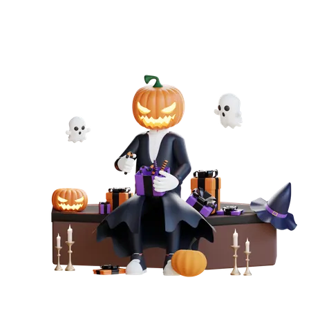 Pumpkin man with Halloween gift  3D Illustration