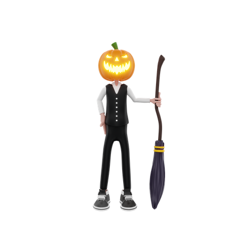 Pumpkin man with witch broom  3D Illustration