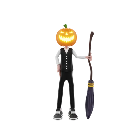 Pumpkin man with witch broom  3D Illustration