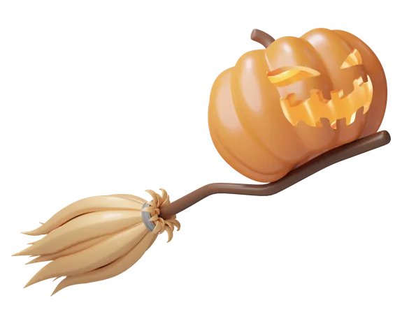 Halloween Pumpkin Soars Through The Sky On Witchs Broomstick Isolated On Transparent The Carved Pumpkin Is Jack O Lantern With Smiley Face Cartoon Festival Icon 3 D Rendering Illustration 3D Icon