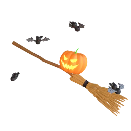 Pumpkin Riding Broom  3D Icon