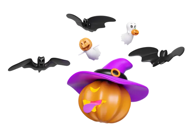 3 D Halloween Holiday Party With Pumpkin Stick Out Your Tongue Witch Hat Cute Ghost Hand Holding Pumpkin Bats Isolated 3D Icon