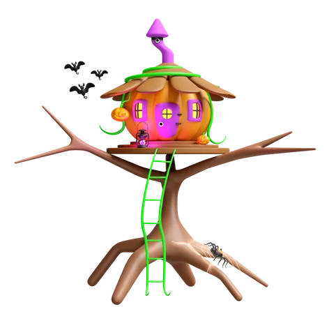 3 D Halloween Holiday Party With Pumpkin House On Tree Spider And Spider Web Vine Ladder Storm Lantern Carved Pumpkin Isolated 3D Icon