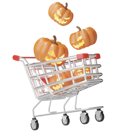 3 D Carved Pumpkins With Smiley Face Into Shopping Cart Floating Isolated On Transparent Marketing Online E Commerce Halloween Sale Concept Cartoon Festival Icon 3 D Rendering Illustration 3D Icon