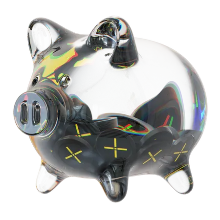 Pundix Clear Glass Piggy Bank With Decreasing Piles Of Crypto Coins  3D Icon