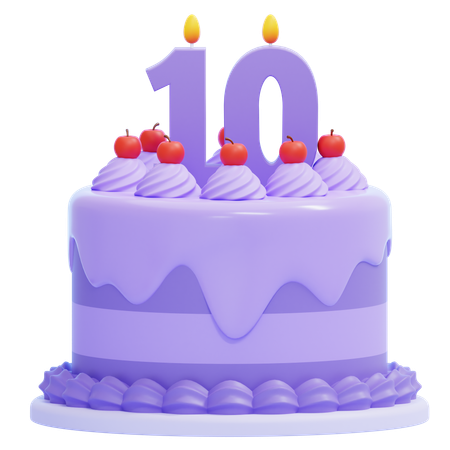 숫자 10 촛불이 달린 보라색 생일 케이크  3D Icon