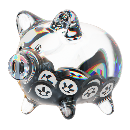 Qnt Clear Glass Piggy Bank With Decreasing Piles Of Crypto Coins  3D Icon