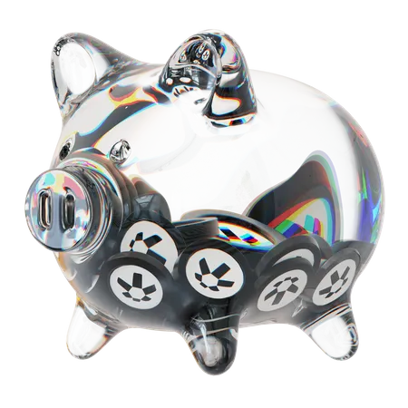 Qnt Clear Glass Piggy Bank With Decreasing Piles Of Crypto Coins  3D Icon