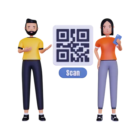 Qr Code With Man And Women 3D Illustration
