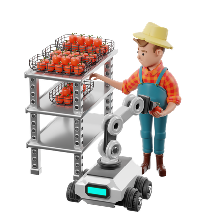 Quality Control Of Automated Harvesting By Farmer  3D Illustration