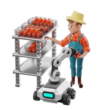 Quality Control Of Automated Harvesting By Farmer  3D Illustration