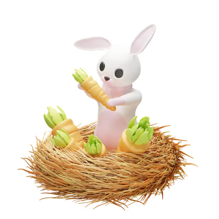 Rabbit and carrot in nest  3D Icon