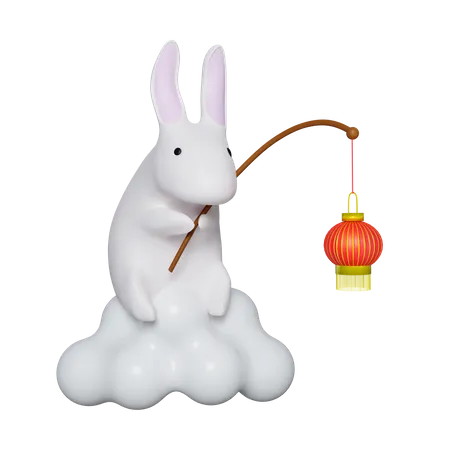 3 D Rabbit Holding Chinese Lanterns Mid Autumn Festival Icon Isolated On Yellow Background 3 D Rendering Illustration Clipping Path 3D Icon